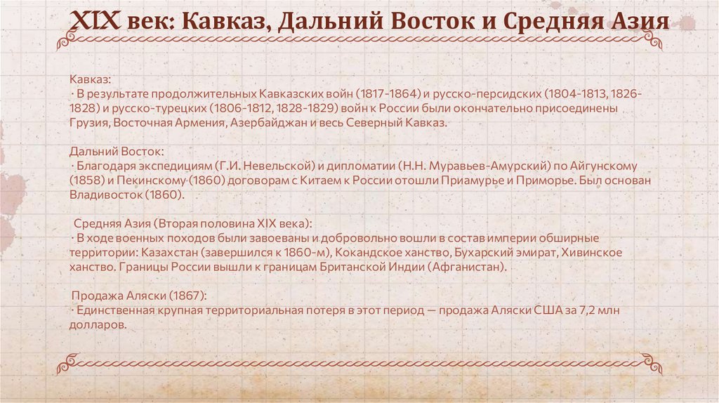 XIX век: Кавказ, Дальний Восток и Средняя Азия