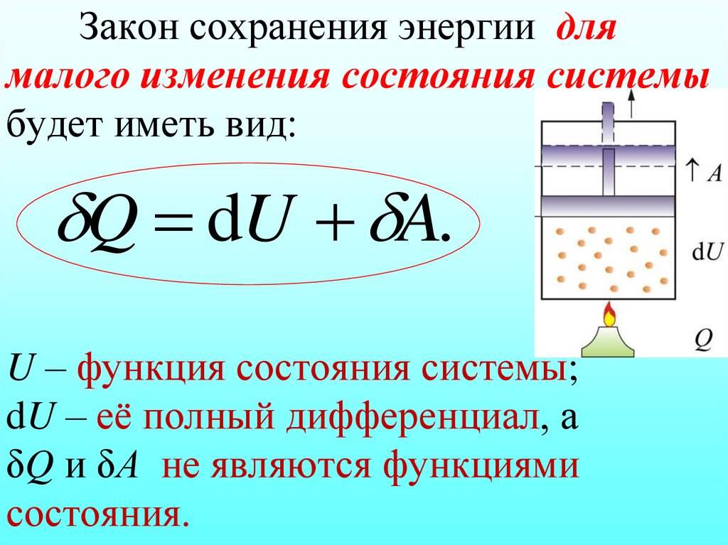 Закон сохранения энергии для малого изменения состояния системы будет иметь вид: U – функция состояния системы; dU – её полный
