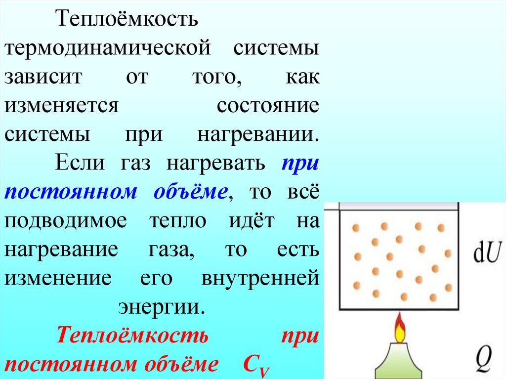 Теплоёмкость термодинамической системы зависит от того, как изменяется состояние системы при нагревании. Если газ нагревать при