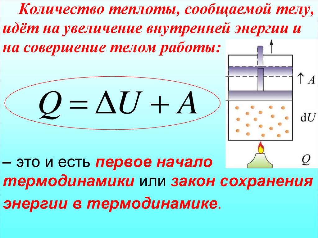 Количество теплоты, сообщаемой телу, идёт на увеличение внутренней энергии и на совершение телом работы: – это и есть первое