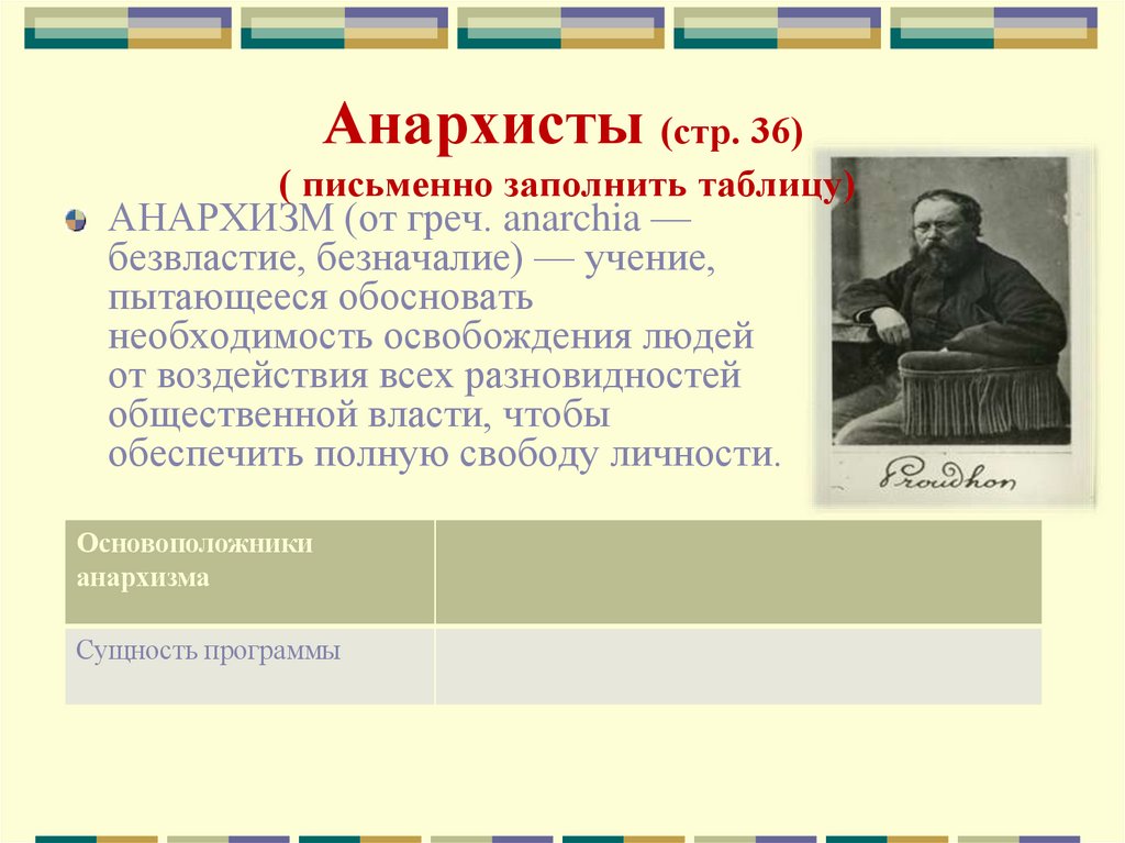 Анархисты (стр. 36) ( письменно заполнить таблицу)