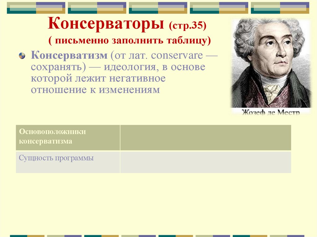 Консерваторы (стр.35) ( письменно заполнить таблицу)