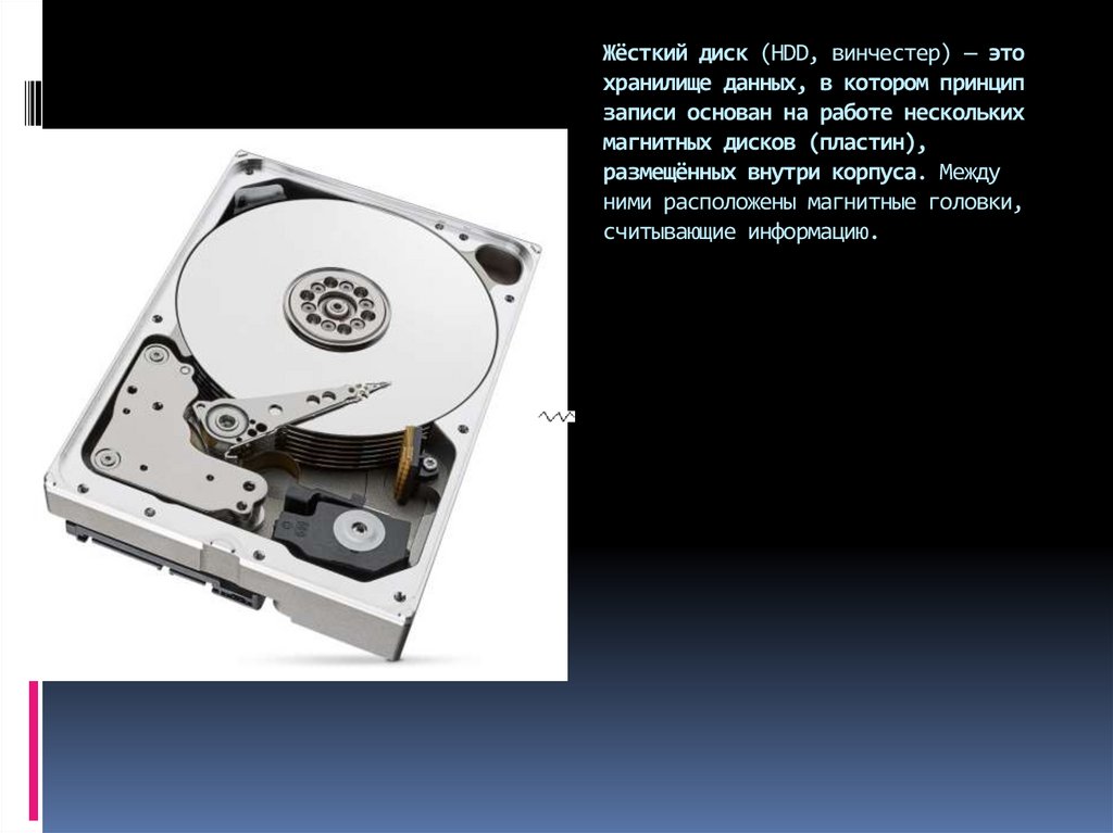 Жёсткий диск (HDD, винчестер) — это хранилище данных, в котором принцип записи основан на работе нескольких магнитных дисков