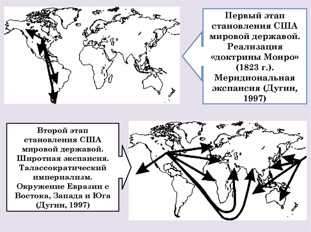 Первый этап становления США мировой державой. Реализация «доктрины Монро» (1823 г.). Меридиональная экспансия (Дугин, 1997)