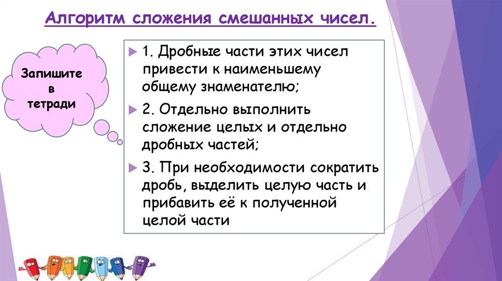 Алгоритм сложения смешанных чисел.