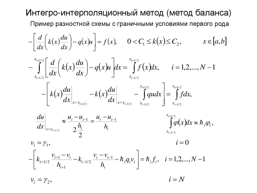 Интегро-интерполяционный метод (метод баланса) Пример разностной схемы с граничными условиями первого рода