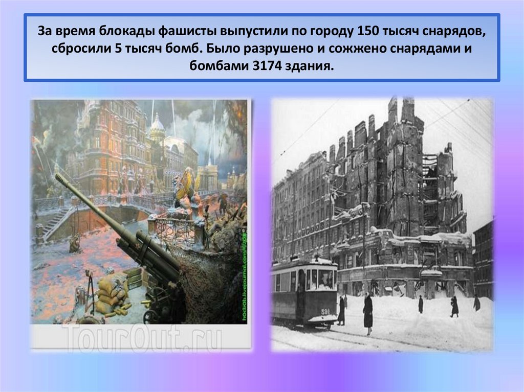 За время блокады фашисты выпустили по городу 150 тысяч снарядов, сбросили 5 тысяч бомб. Было разрушено и сожжено снарядами и