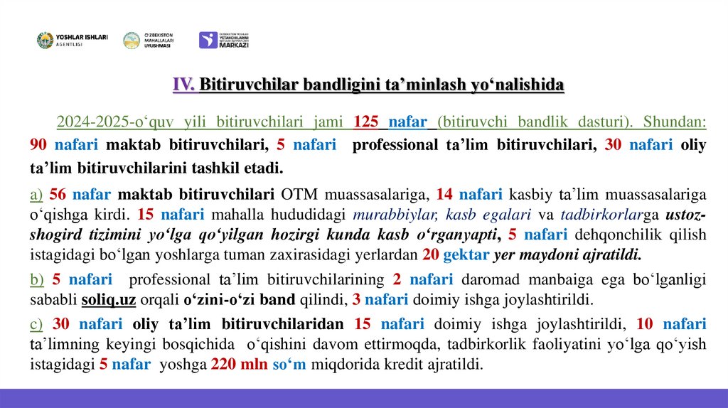 IV. Bitiruvchilar bandligini ta’minlash yoʻnalishida