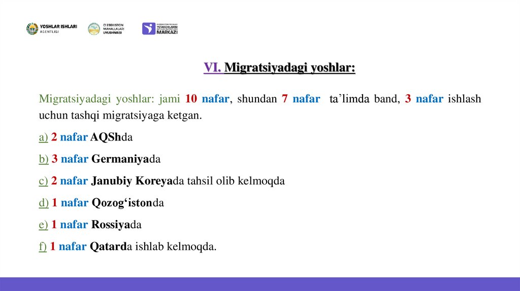 VI. Migratsiyadagi yoshlar: