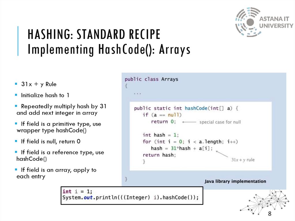 HASHING: STANDARD RECIPE Implementing HashCode(): Arrays