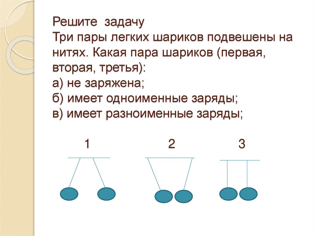 Решите задачу Три пары легких шариков подвешены на нитях. Какая пара шариков (первая, вторая, третья): а) не заряжена; б) имеет