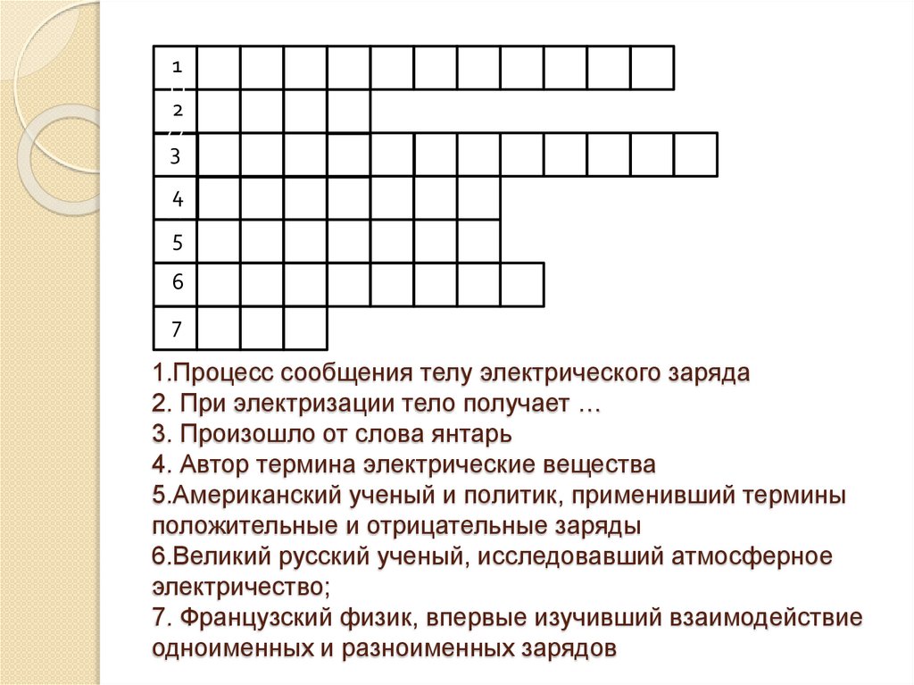 1.Процесс сообщения телу электрического заряда 2. При электризации тело получает … 3. Произошло от слова янтарь 4. Автор