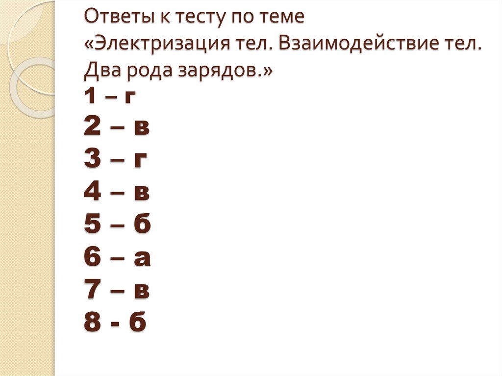 Ответы к тесту по теме «Электризация тел. Взаимодействие тел. Два рода зарядов.» 1 – г 2 – в 3 – г 4 – в 5 – б 6 – а 7 – в 8 -