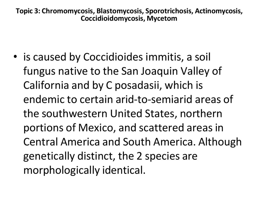 Topic 3: Chromomycosis, Blastomycosis, Sporotrichosis, Actinomycosis, Coccidioidomycosis, Mycetom