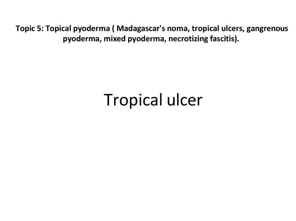 Topic 5: Topical pyoderma ( Madagascar's noma, tropical ulcers, gangrenous pyoderma, mixed pyoderma, necrotizing fascitis).