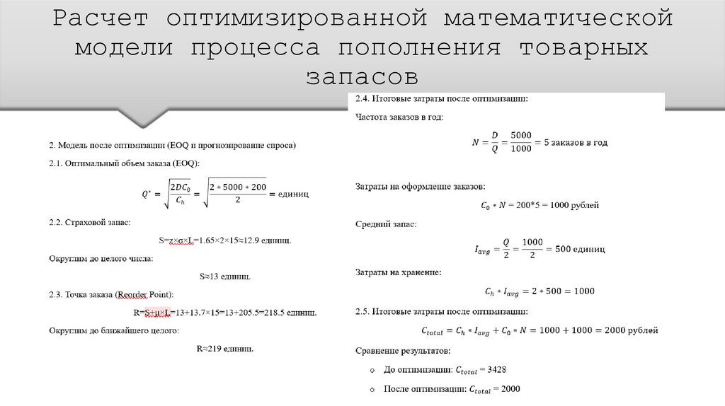 Расчет оптимизированной математической модели процесса пополнения товарных запасов