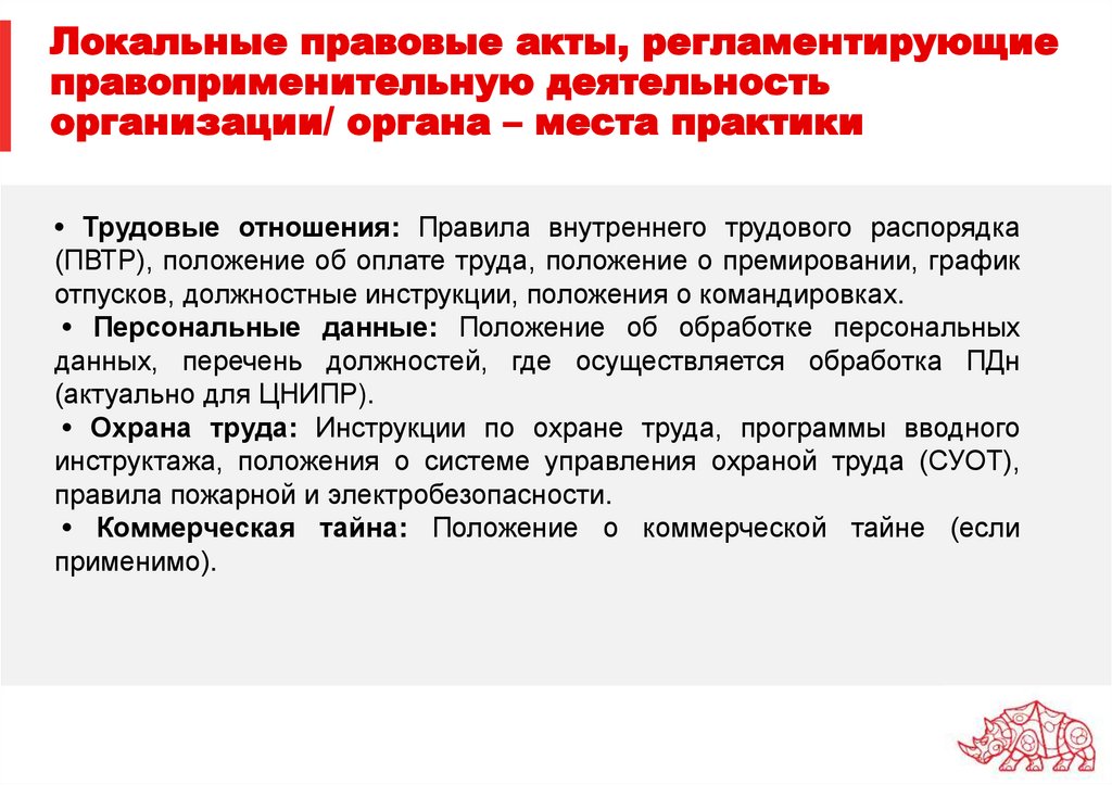 Локальные правовые акты, регламентирующие правоприменительную деятельность организации/ органа – места практики