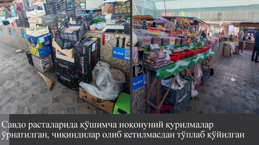 Савдо расталарида қўшимча ноқонуний қурилмалар ўрнатилган, чиқиндилар олиб кетилмасдан тўплаб қўйилган