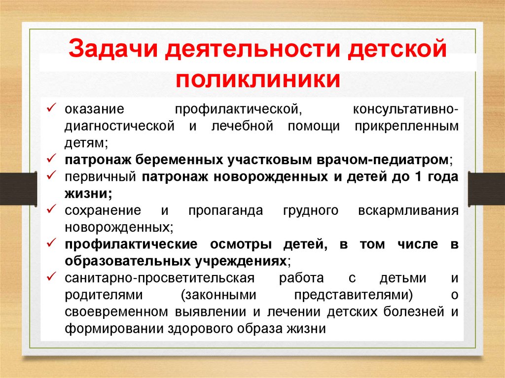 Задачи деятельности детской поликлиники
