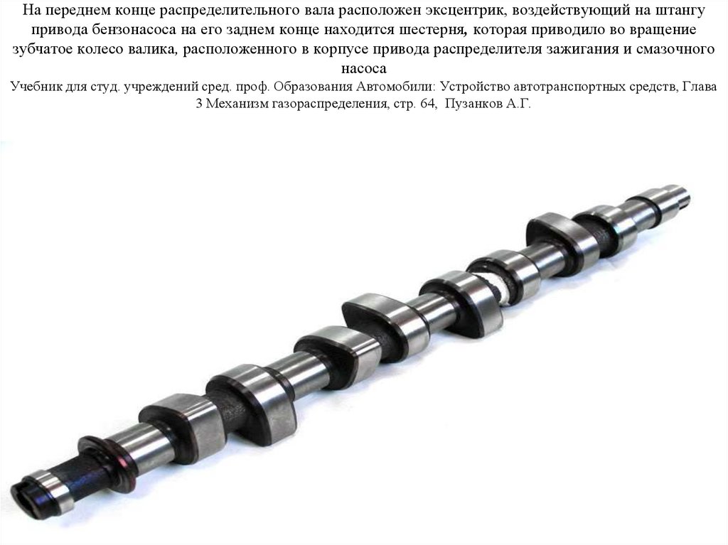На переднем конце распределительного вала расположен эксцентрик, воздействующий на штангу привода бензонасоса на его заднем
