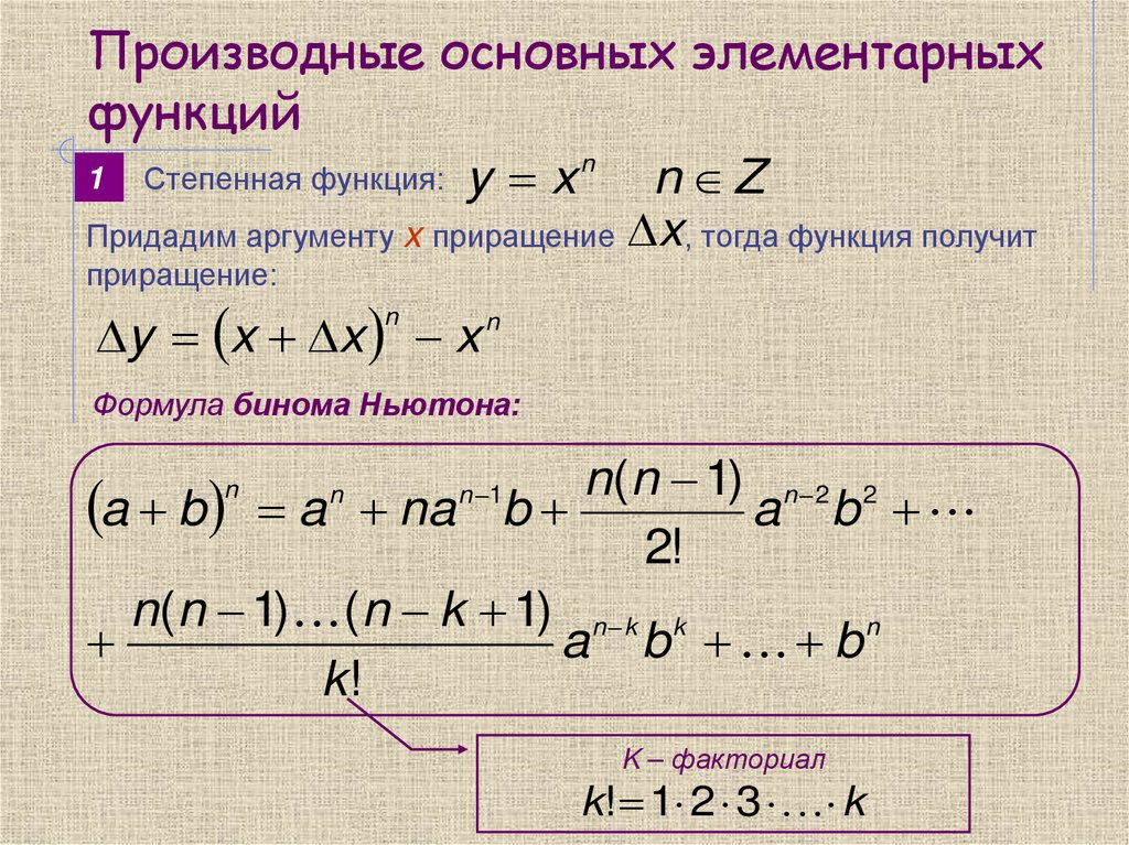 Производные основных элементарных функций