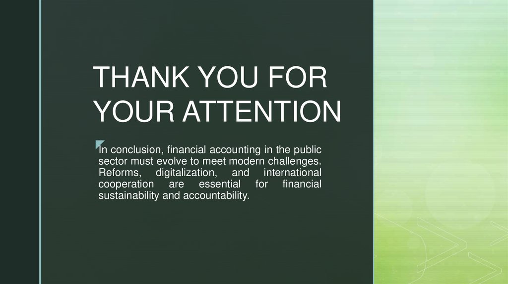In conclusion, financial accounting in the public sector must evolve to meet modern challenges. Reforms, digitalization, and