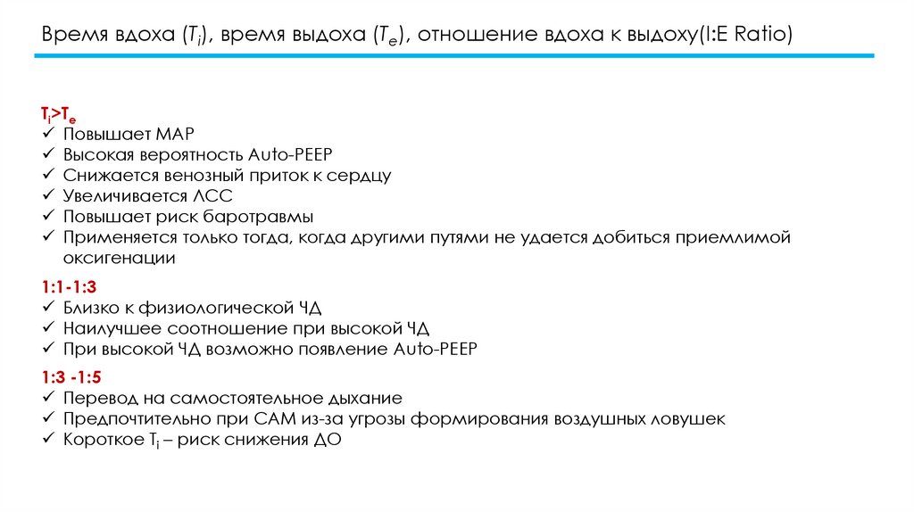 Время вдоха (Ti), время выдоха (Te), отношение вдоха к выдоху(I:E Ratio)