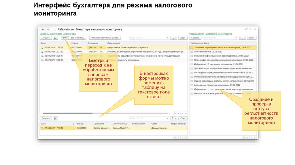Интерфейс бухгалтера для режима налогового мониторинга