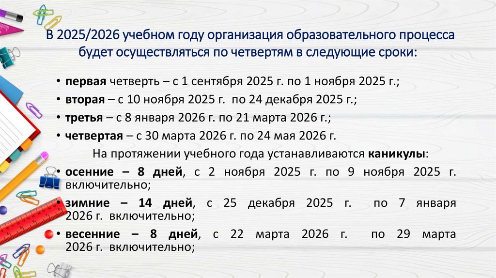  В 2025/2026 учебном году организация образовательного процесса будет осуществляться по четвертям в следующие сроки: