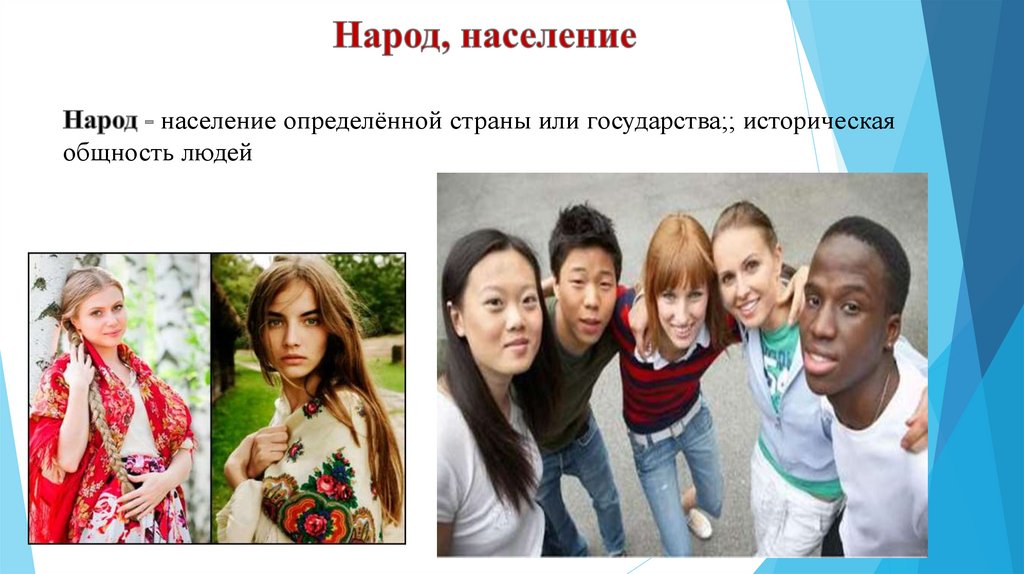 Народ, население Народ - население определённой страны или государства;; историческая общность людей