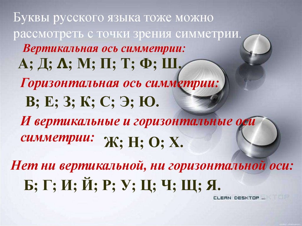 Буквы русского языка тоже можно рассмотреть с точки зрения симметрии.