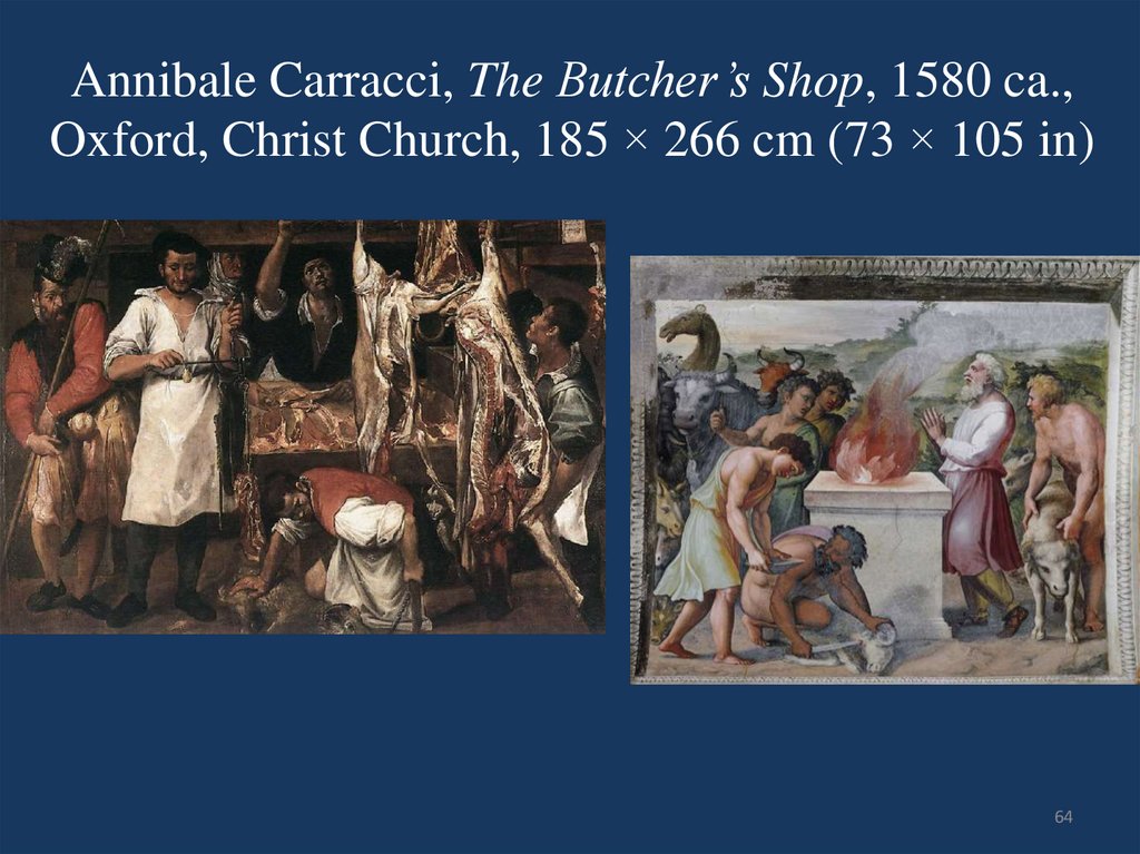 Annibale Carracci, The Butcher’s Shop, 1580 ca., Oxford, Christ Church, 185 × 266 cm (73 × 105 in)