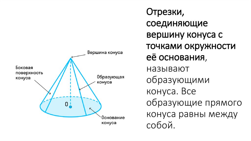 Отрезки, соединяющие вершину конуса с точками окружности её основания, называют образующими конуса. Все образующие прямого
