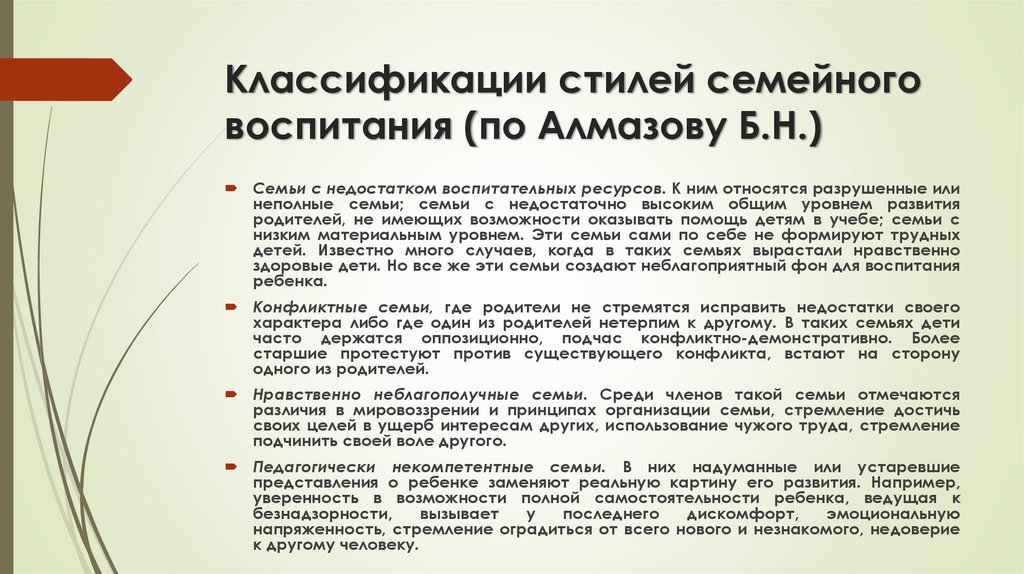 Классификации стилей семейного воспитания (по Алмазову Б.Н.)