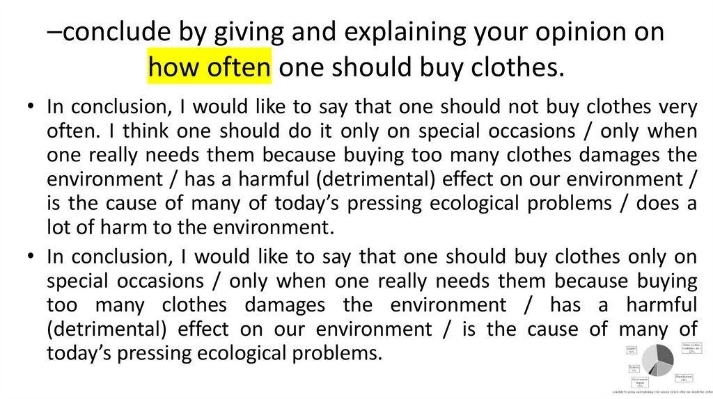 –conclude by giving and explaining your opinion on how often one should buy clothes.