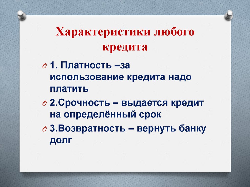 Характеристики любого кредита
