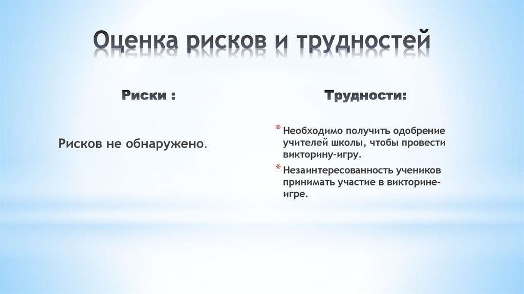 Оценка рисков и трудностей