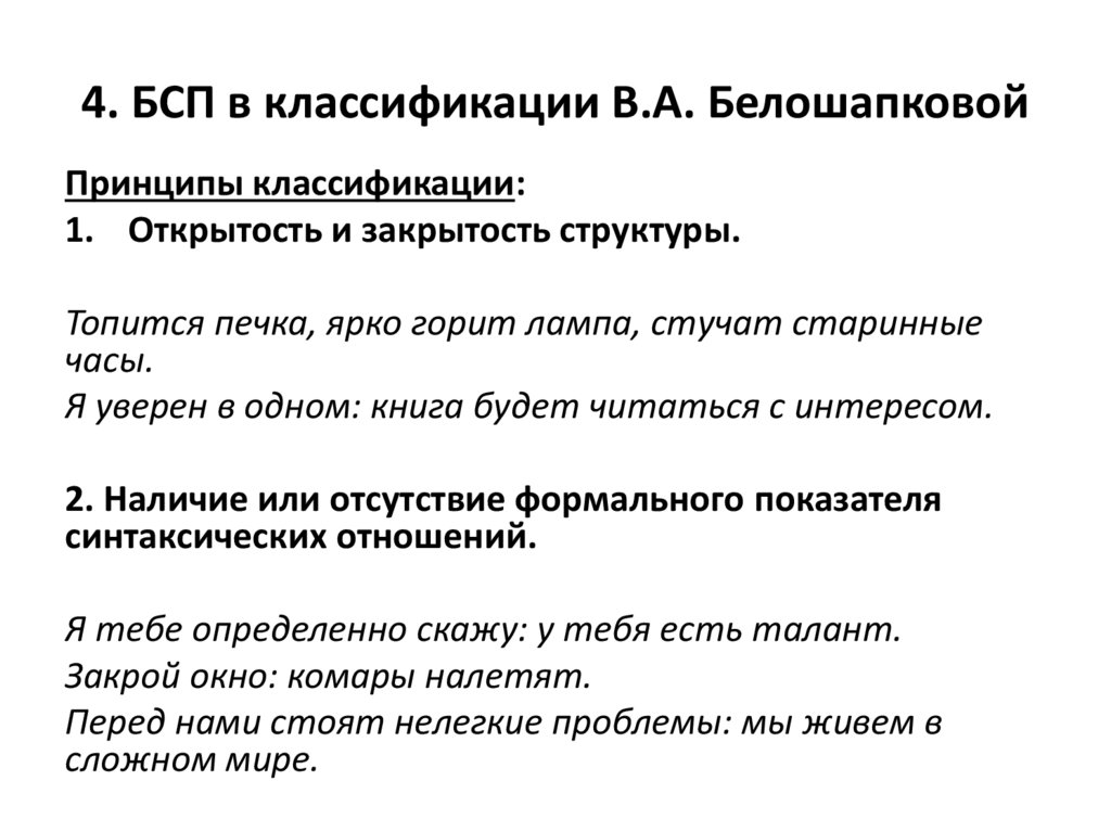 4. БСП в классификации В.А. Белошапковой