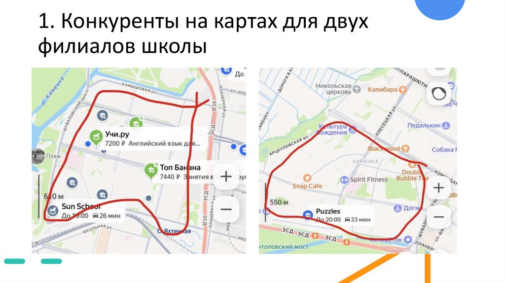 1. Конкуренты на картах для двух филиалов школы