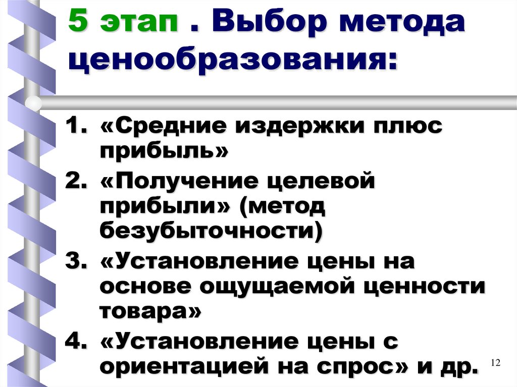 5 этап . Выбор метода ценообразования: