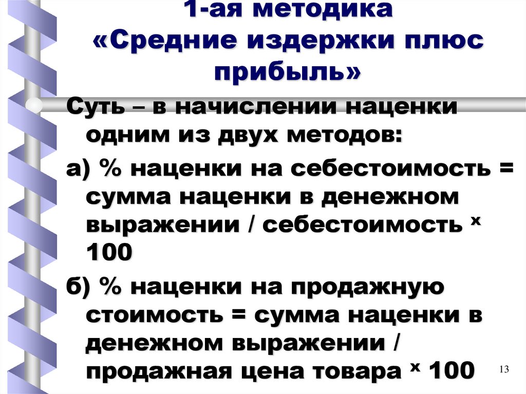 1-ая методика «Средние издержки плюс прибыль»