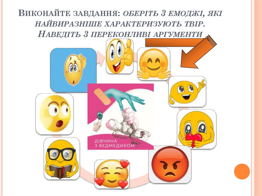 Виконайте завдання: оберіть 3 емоджі, які найвиразніше характеризують твір. Наведіть 3 переконливі аргументи