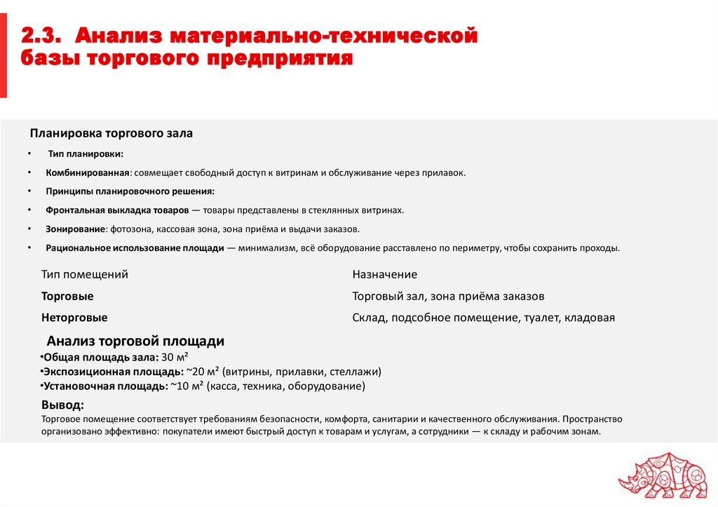 2.3. Анализ материально-технической базы торгового предприятия