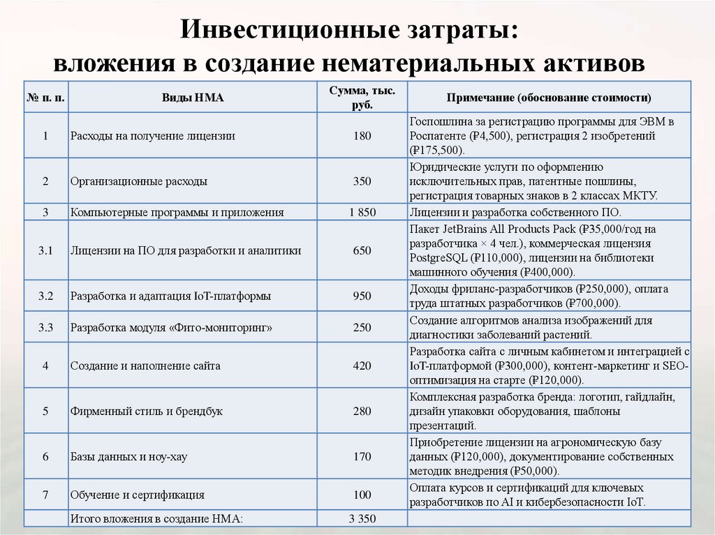 Инвестиционные затраты: вложения в создание нематериальных активов