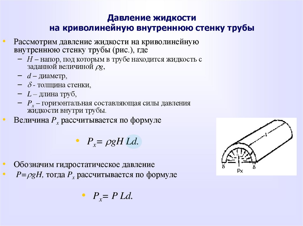 Давление жидкости на криволинейную внутреннюю стенку трубы