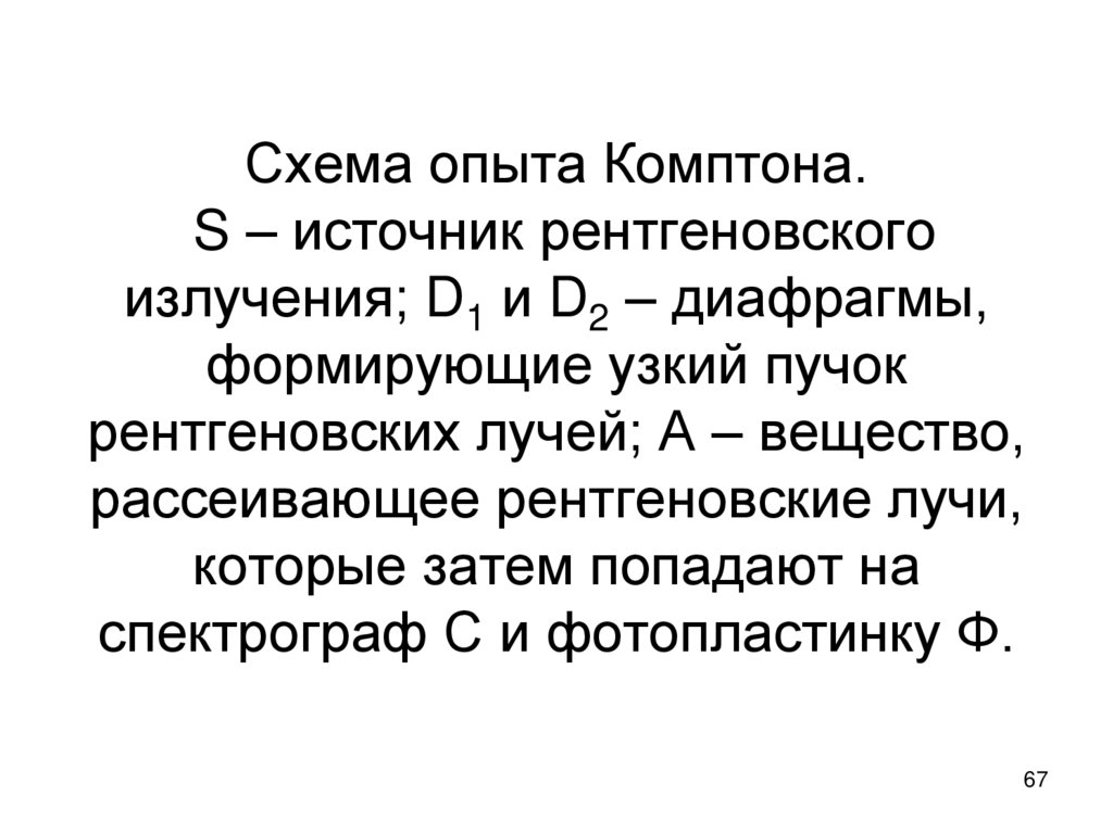 Схема опыта Комптона. S – источник рентгеновского излучения; D1 и D2 – диафрагмы, формирующие узкий пучок рентгеновских лучей;