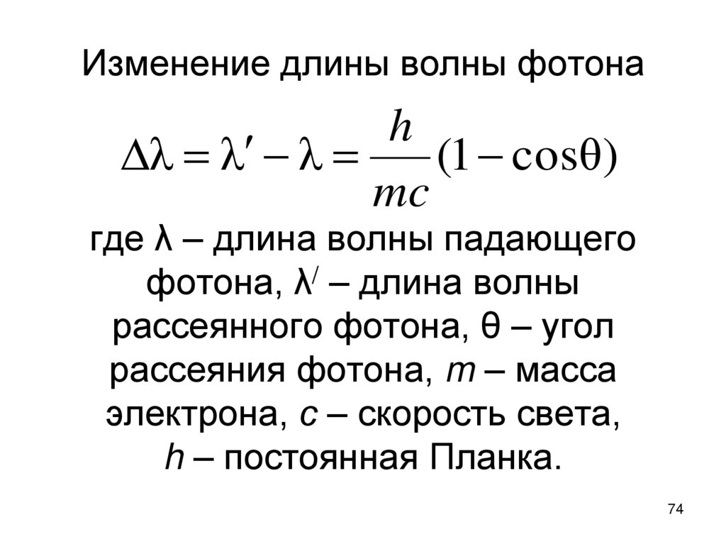 Изменение длины волны фотона где λ – длина волны падающего фотона, λ/ – длина волны рассеянного фотона, θ – угол рассеяния