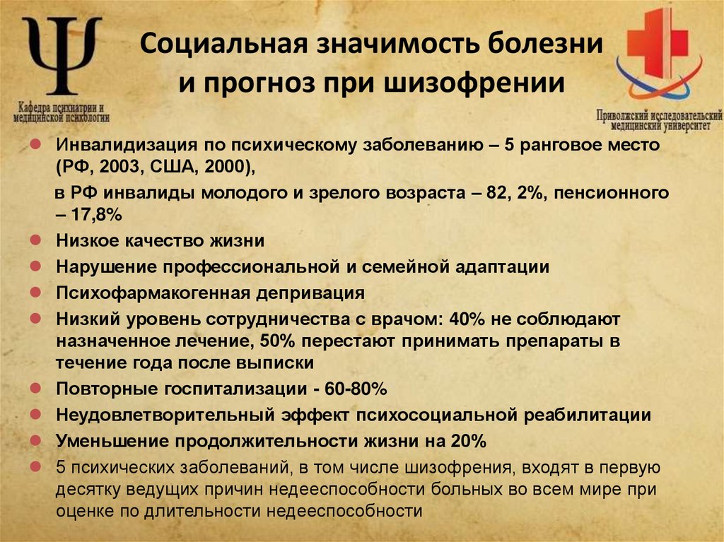 Социальная значимость болезни и прогноз при шизофрении