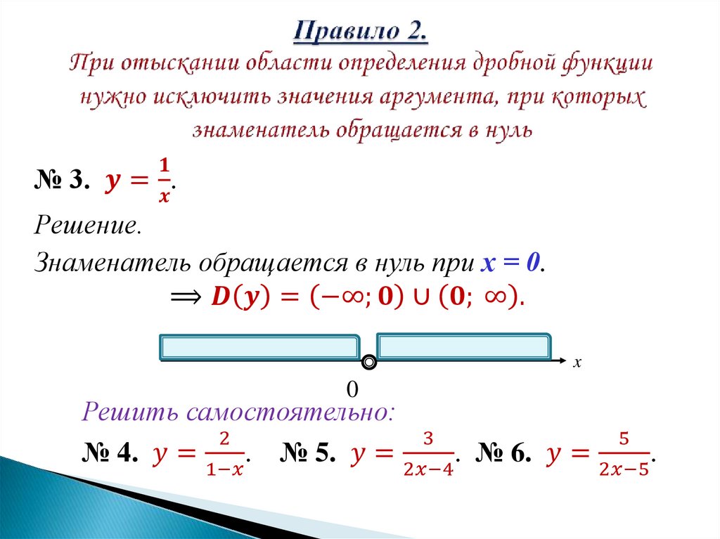 Правило 2. При отыскании области определения дробной функции нужно исключить значения аргумента, при которых знаменатель