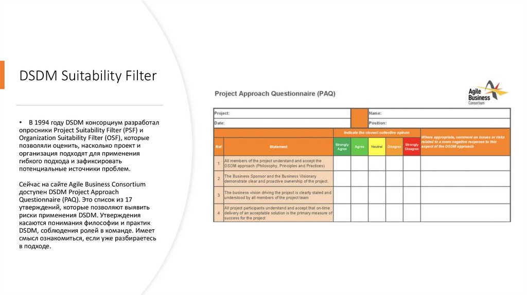DSDM Suitability Filter